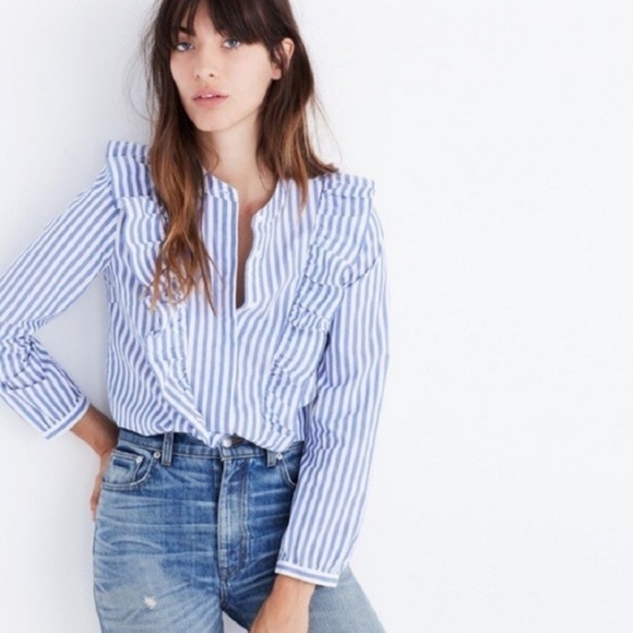 Madewell Tops - Madewell Whitney blue/white striped ruffle shirt. Size L